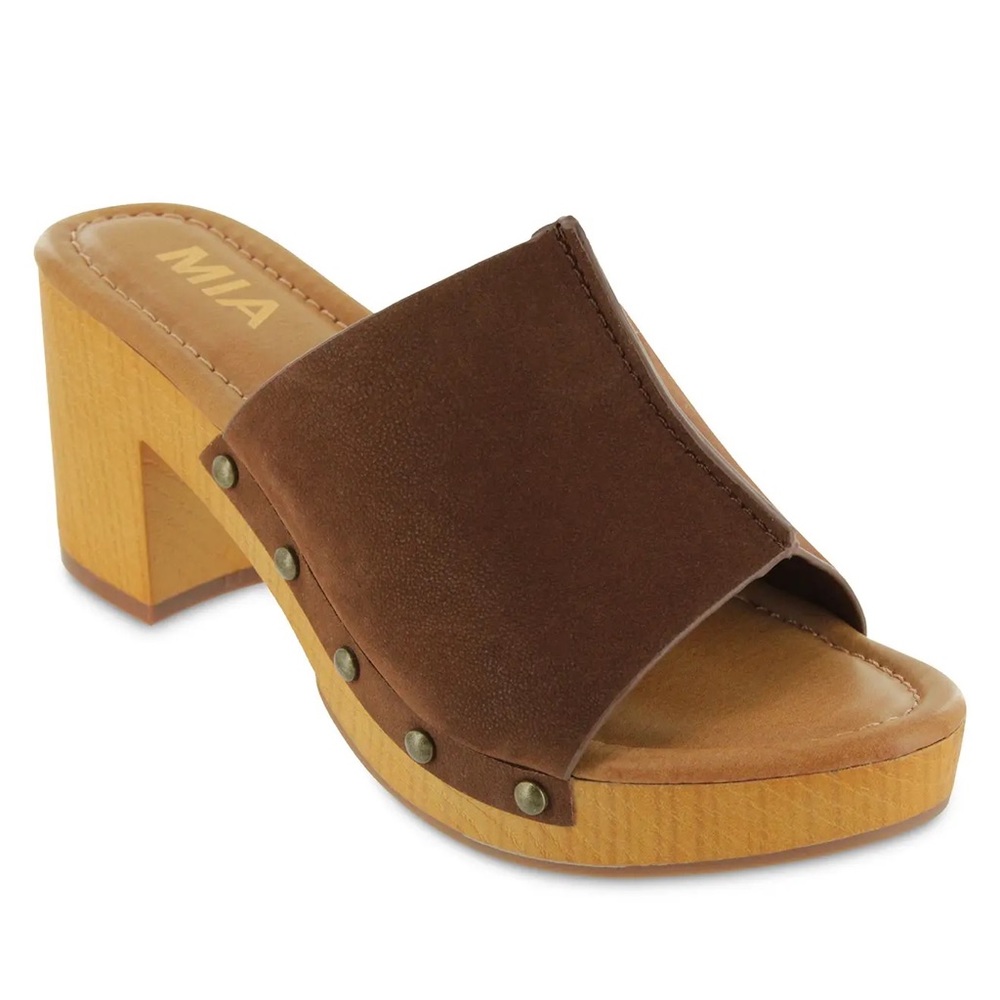 MIA Brown Suede Wood-Platform Slide Sandals
